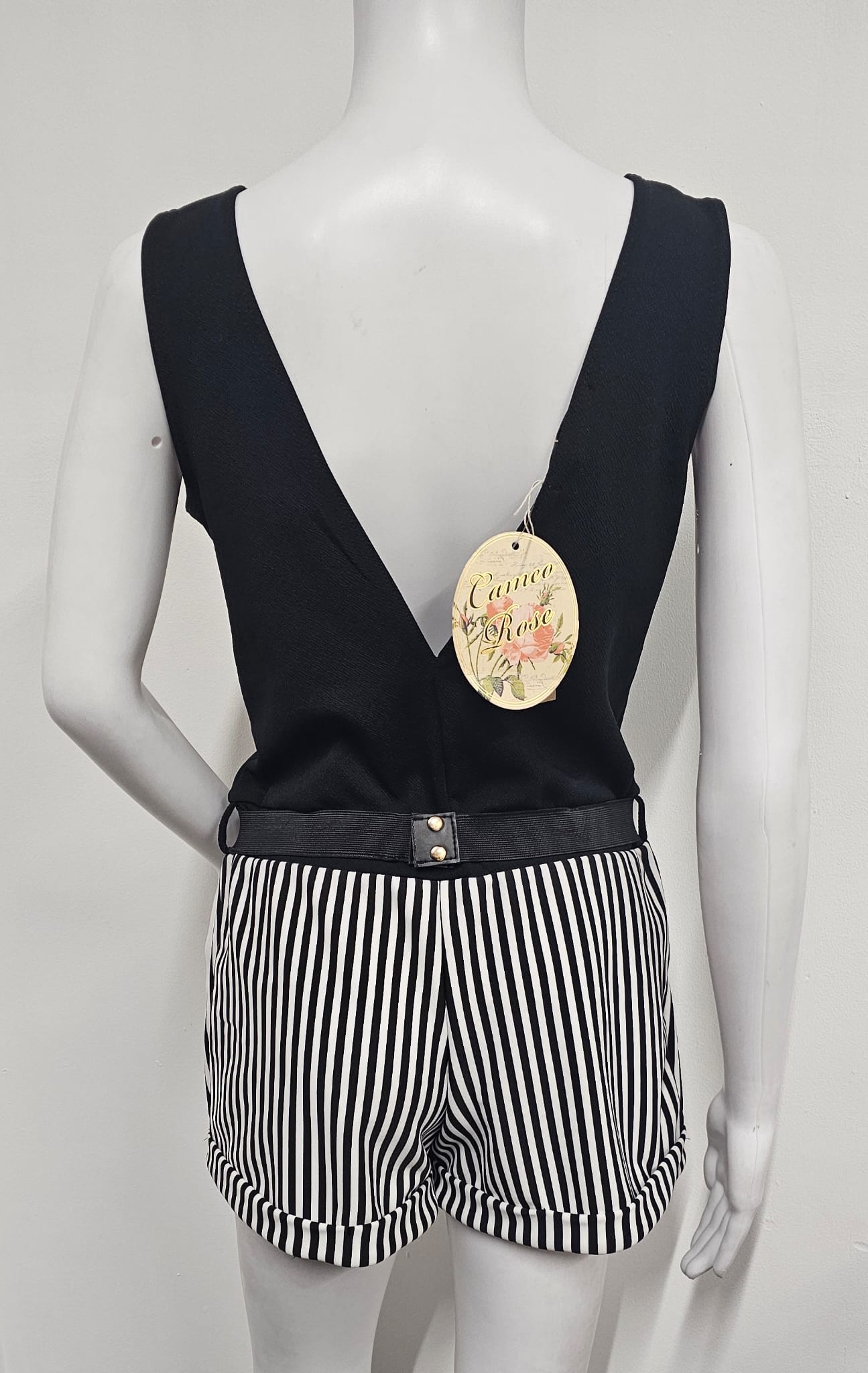 White and Black Cameo Rose Romper